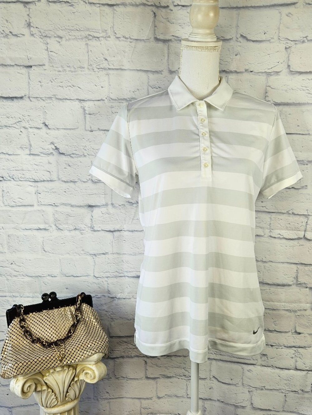 Nike Golf Tour Performance Size L White Gray Striped Dri Fit Polo Shirt Womens